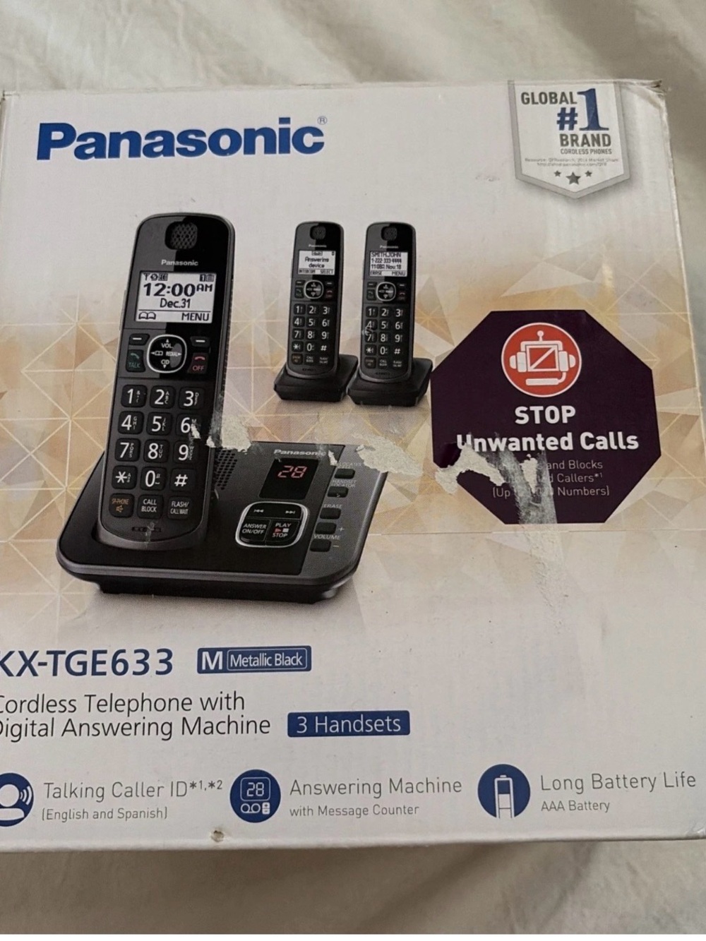 Panasonic Metallic Black Cordless Phone System with 3 Handsets